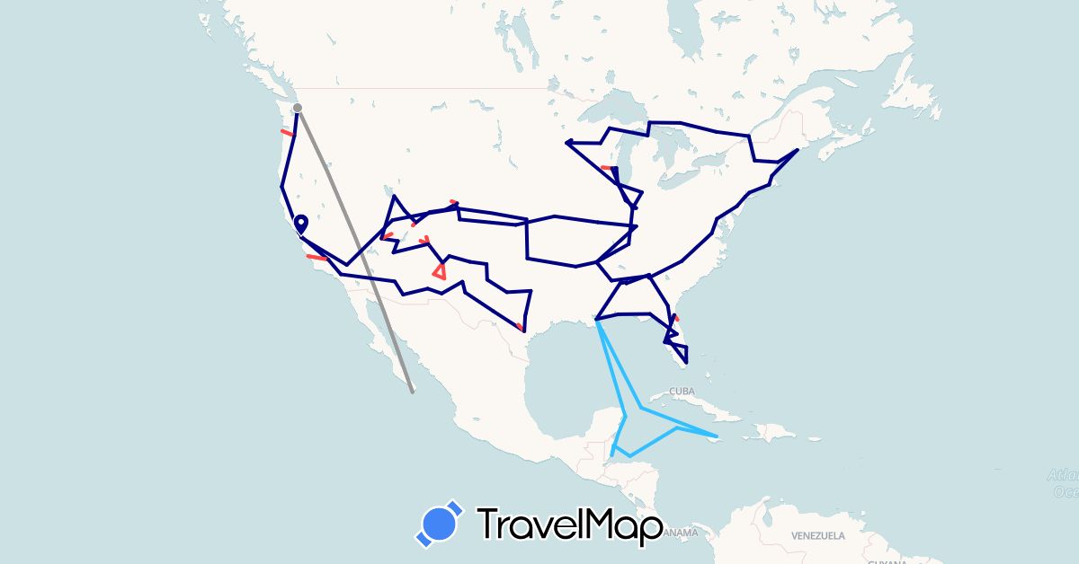 TravelMap itinerary: driving, plane, hiking, boat in Belize, Canada, Honduras, Jamaica, Cayman Islands, Mexico, United States (North America)